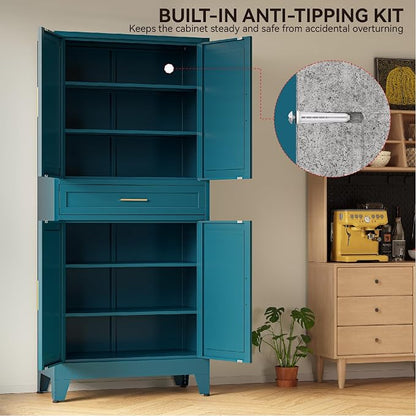 COFaR 71" Pantry Cabinet with Drawer, Peacock Blue Storage Cabinet with Adjustable Shelves, 3-Section Modern Statement Cupboard for Kitchen & Bathroom
