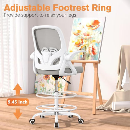ORRSAKER Drafting Chair, Tall Office Chair with Flip-up Arms, Mesh Ergonomic Computer Standing Desk Chair with Adjustable Height Foot Ring and Lumbar Support, 300 LBS Capacity, Gray