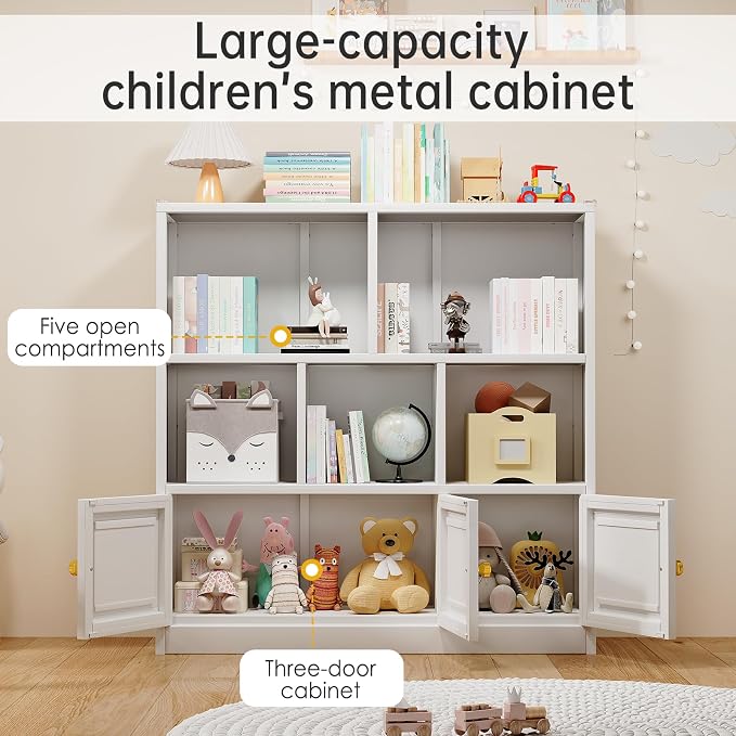 erosoei Kids Bookshelf and Toy Storage Organizer with 3 Cabinet and 5 Open Cubbies，Kids Toys Storage Organizer Shelf with Corner Guard，Multifunctional Floor Chest for Playroom and Kid's Room（White）