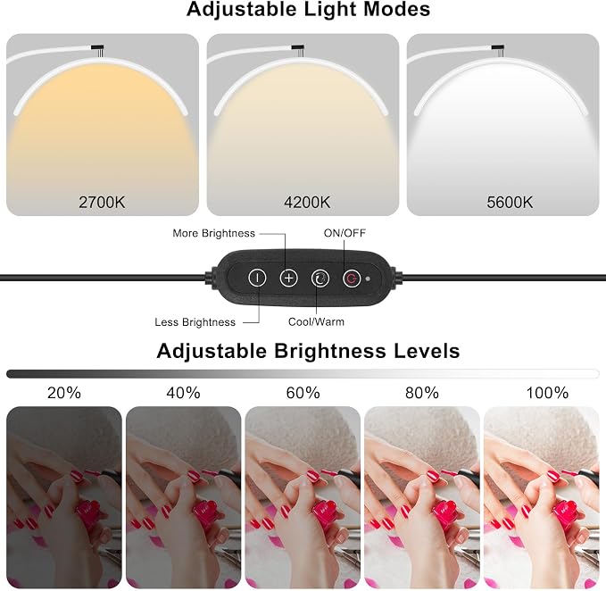 Professional Half Moon LED Desk Light for Nail Techs & Artists – Flexible Gooseneck Arch Table Lamp with Clamp, 5 Color Modes & 5 Brightness Levels for Manicure, Tattoo, Beauty Work