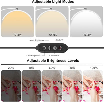 Professional Half Moon LED Desk Light for Nail Techs & Artists – Flexible Gooseneck Arch Table Lamp with Clamp, 5 Color Modes & 5 Brightness Levels for Manicure, Tattoo, Beauty Work
