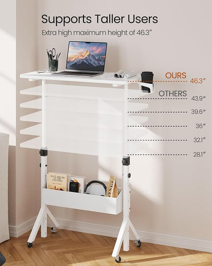 ErGear Mobile Standing Desk with Wheels, Adjustable Height 28.3″ to 46.1″, Rolling Laptop Cart with Cup Holder, Storage Basket, Computer & Pen Slot, Home Office Stand Up Desk, White (31.5″ x 15.75″)