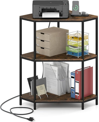 Giantex Corner Printer Stand, 3-Tier Corner Shelf with Charging Station and Metal Frame, Small Industrial Bookshelf, Printer Table for Living Room, Kitchen, Home Office (1)