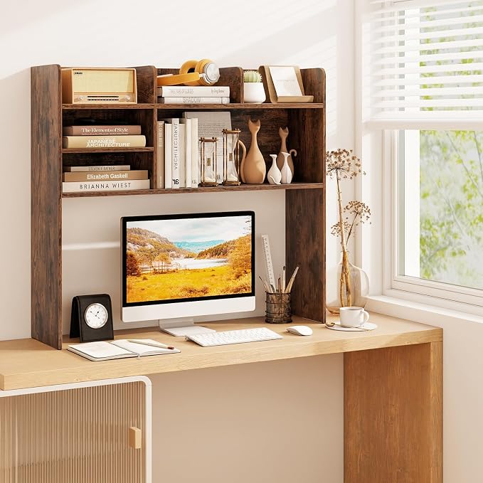 LDAILY 3-Tier Desktop Bookshelf, Wooden Desk Hutch for Computer Monitor Up to 32 Inch, Desk Organizer Shelf with Adjustable Shelf & 6 Storage Shelves, Desk Display Rack for Office Dorm (Rustic Brown)