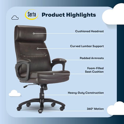 Serta Comfort Executive Big & Tall Office Chair, Ergonomic High-Back Computer DeskChair, Semi Plush Cushion Seat, Soft Padded Armrests, SertaQuality Foam, Metal Swivel Base, Bonded Leather, Brown