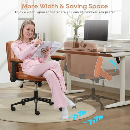 IPKIG Criss Cross Chair with Adjustable Flip-up Arms, Vanity Chair with Wheels, Comfy Desk Chair with Lumbar Pillow Swivel Wide Office Chair for Home Office, Bedroom (PU Leather, Brown)