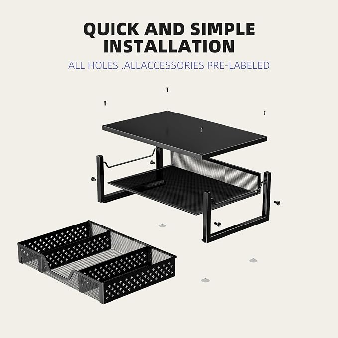 Simple Trending Monitor Stand Riser with Drawer, Black for Home Office | Metal 2-Tier Monitor Stand with Hidden Drawer | Ergonomic Neck Support | Desk Organizer | Space Saving | Fast Setup
