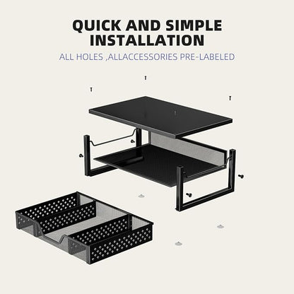 Simple Trending Monitor Stand Riser with Drawer, Black for Home Office | Metal 2-Tier Monitor Stand with Hidden Drawer | Ergonomic Neck Support | Desk Organizer | Space Saving | Fast Setup