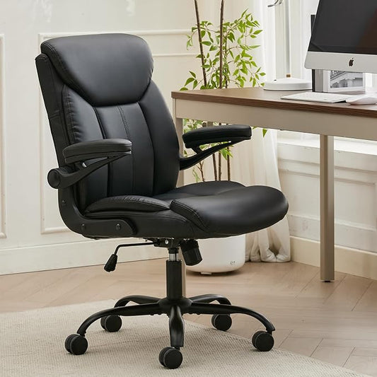 Leather Executive Office Chair - Ergonomic Computer Chair with Flip-up Arms Comfy PU Leather Home Desk Chairs Mid Back Support Adjustable Height Tilt Lock Swivel Rolling Wheels, Black