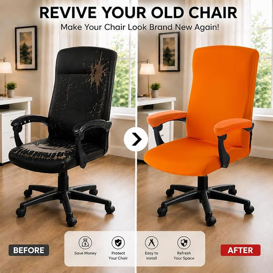 Stretch Computer Office Chair Cover with Armrest Covers Durable Zipper Universal Washable Removable Spandex Rotating Boss Chair Slipcovers Anti-dust Soft Desk Chair Seat Protector, Orange