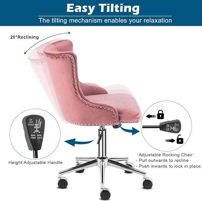 VINGLI Velvet Office Chair - Modern Upholstered Desk Chair with Adjustable Height, Tilting Mechanism, and Rolling Wheels - Pink