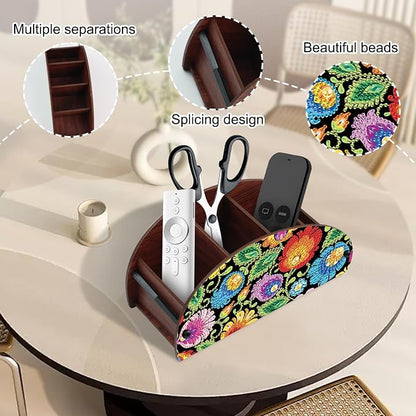 Diamond Painting Storage Box, DIY 5D Floral Leaf Design Multi-Compartment Wooden Diamond Art Organizer for Makeup Brushes Pens TV AC Remotes Desktop Tabletop Decoration