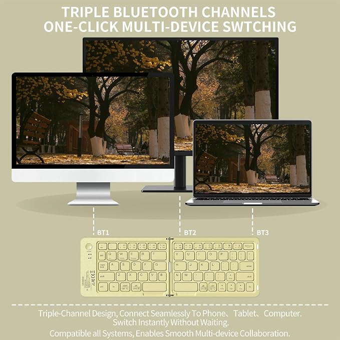 Foldable Bluetooth Keyboard with UV Printing Technology Rechargeable Keyboards,Compact Wireless Travel Keyboards for iPad, Smartphone, Tablet and Laptop - Z1 Coffee