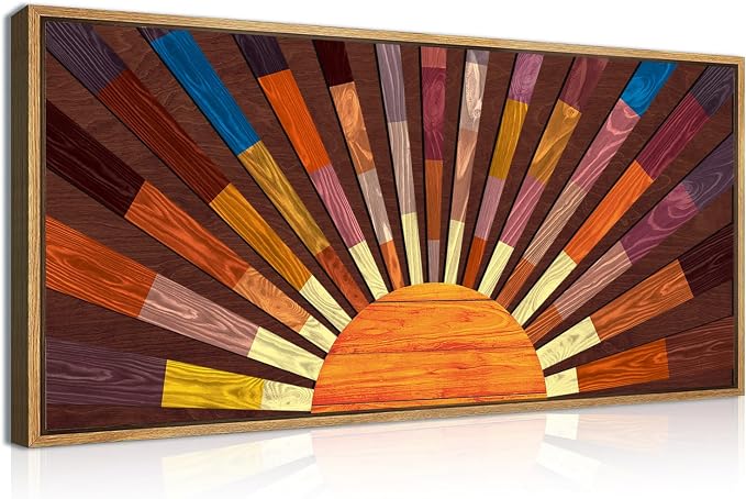 IARTTOP Extra Large Wood Sun Framed Wall Art 20x40 Inch Boho Sunrise 3D Geometric Wall Decor Mid century Sunshine Painting for Living room Bedroom Dining room Single