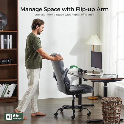 amseatec Office Chair with Flip-Up Arms, Ergonomic PU Leather Executive Desk Chair with 90°Lock & Rocking Function, Lumbar Support Swivel Computer Chair for Home Office, Oversized 300lbs (Gray