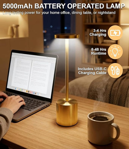 Swinerton Gold Cordless Table Lamp Set, 5000mAh Rechargeable Battery Operated Desk Lamp Wireless Table Light, 3 Color Dimmable Touch Lamp for Restaurant Dining Patio, Home/Apartment Decor