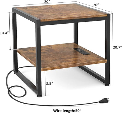 Homieasy End Table with Charging Station, 20" Mini Fridge Stand with Power Outlets, Heavy Duty Side Table for Living Room, Small Table Stand & Fridge Table, Rustic Brown, 2 Pack