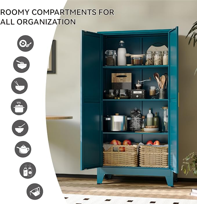 COFaR 61" Metal Pantry Cabinet in Peacock Blue, Farmhouse Storage Cabinet with Adjustable Shelves, Sturdy Freestanding Cupboard for Kitchen Organization, Bathroom & Living Room