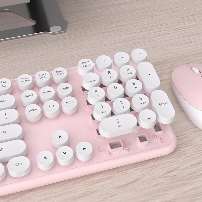 UBOTIE Colorful Wireless Keyboard and Mouse Combos, Retro Typewriter Floating Flexible Full-Sized Keys Computer Keyboard with Optical Mouse, 2.4GHz USB-A Connection for Windows Mac (Pink-White)