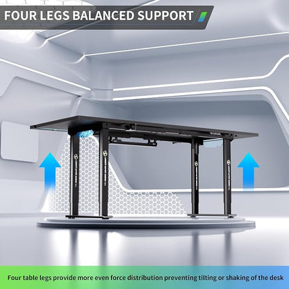 71" Gaming Standing Desk for Gamers & Streamers, 4-Leg Electric Sit Stand Desk with LED Lights, Flip-Top Cable Management, Stable Computer Desk with Wheels