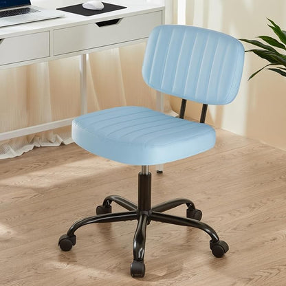 DUMOS Armless Home Office Executive Chair: Small Desk Chair with Low Back Lumbar Support, Height Adjustable PU Leather Computer Task with 360° Swivel Wheels, for Adults, Blue