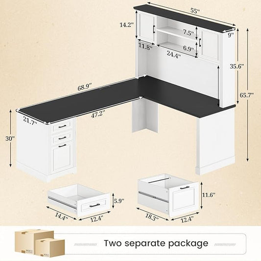 SEDETA Farmhouse L Shaped Desk with Hutch and 3 Drawers, 68.9" Executive Office Desk with File Drawer and Power Outlet, Corner Computer Desk with Storage Shelves for Home Office, White