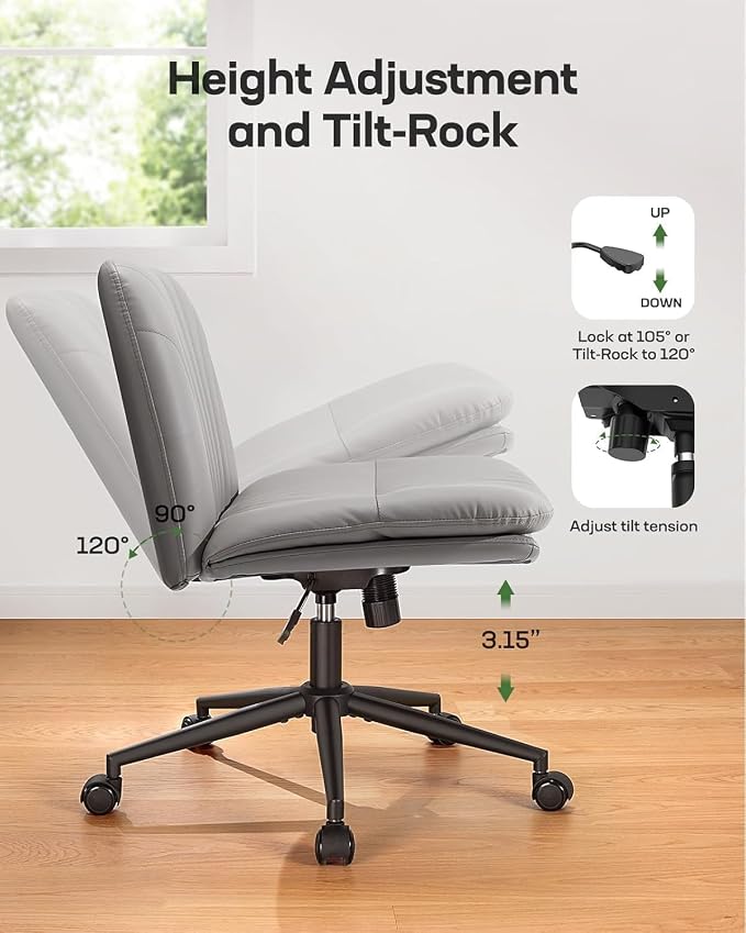Marsail Criss Cross Office Chair with Wheels, Armless Wide Desk Chair for Active Sitting, PU Leather Cross Legged Chair for Home Office, Pet-Friendly & Easy Clean, Grey