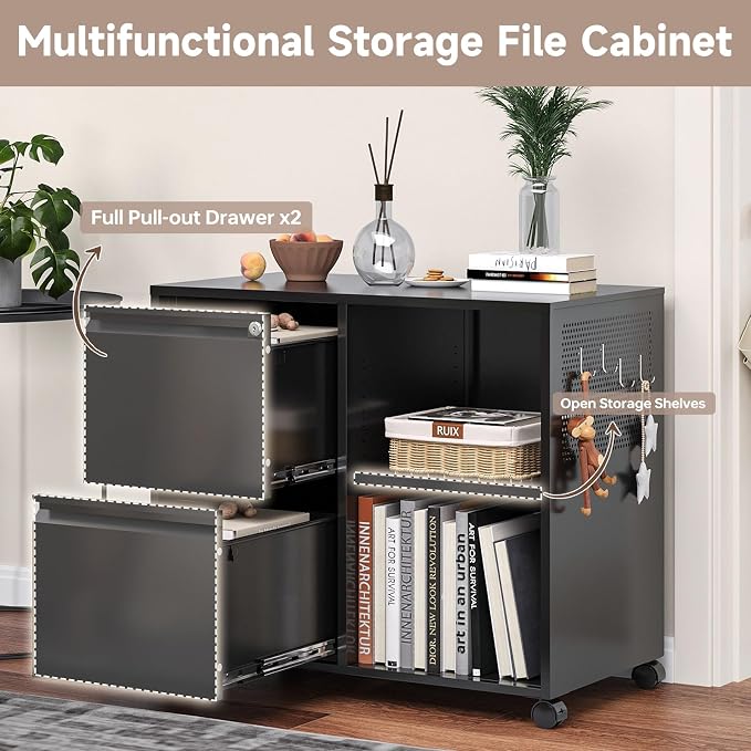 2 Drawer File Cabinet for Home Office, Rolling File Cabinets with Lock, Under Desk Metal Filing Caninet with Wheels for A4 / F4 / Letter/File Box, Black-Assembly Required