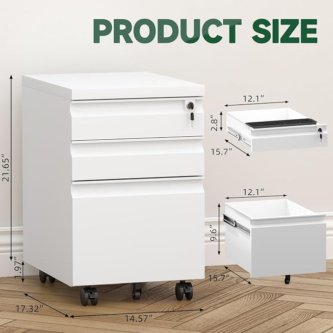 3 Drawer File Cabinet, Metal Printer Stand with Roling Caster, Under Desk Storage for Home Office, File Cabinet with Lock, No Assembly Required, White