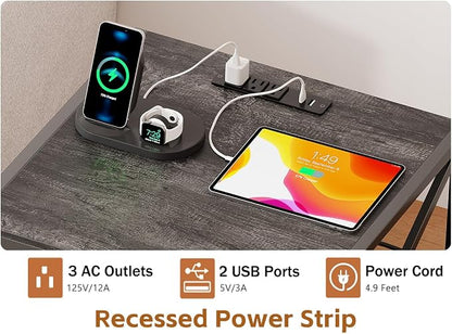 2-Tier Large Priner Stand with Charging Station, 20"×20" Under Desk Printer Table with Power Outlets and USB Ports for Home Office, Mini Fridge Stand, Storage Shelf for Scanner Fax Machine, Grey Oak