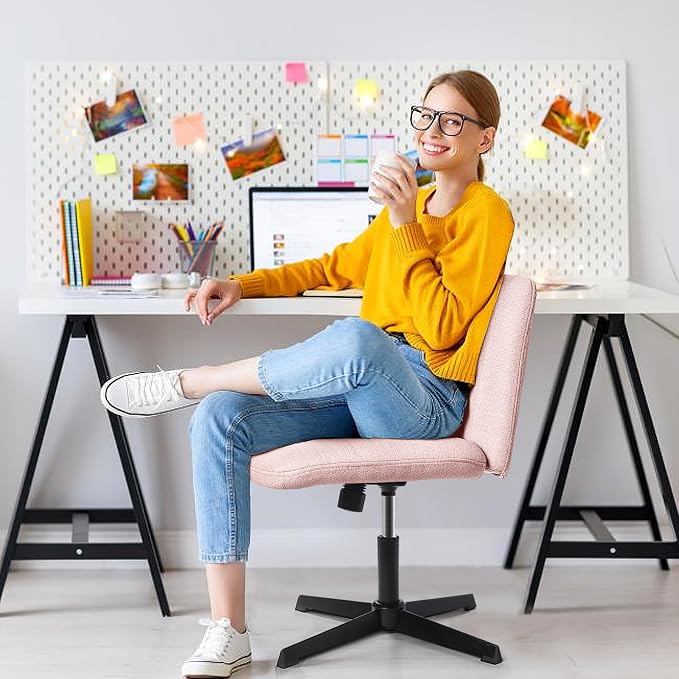 LEMBERI Fabric Padded Desk Chair No Wheels, Armless Wide Swivel Home Office Desk Chair,120° Rocking Mid Back Ergonomic Computer Task Vanity Chair for Office, Home, Make Up,Small Space (Pink)