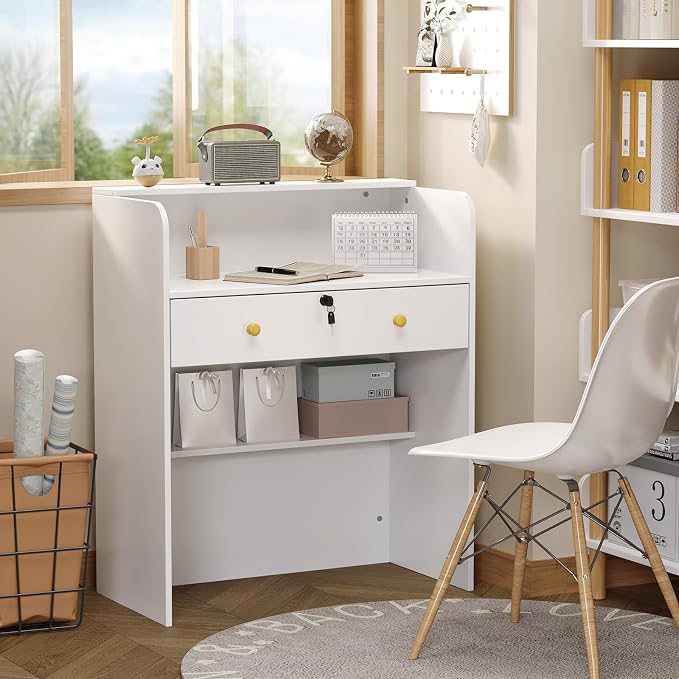 OmySalon Reception Desk with Counter, Small Front Desk w/Lockable Drawer, Wooden Modern Reception Table for Salon Lobby Office Home (White, 32)