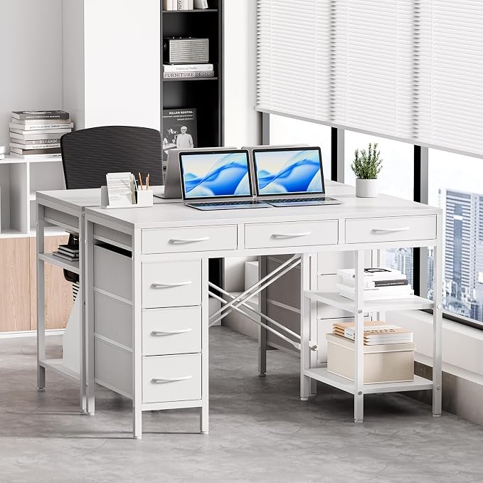 47" Computer Desk with 6 Drawers, Home Office Gaming Desks with Storage Shelves for Bedroom, Writing Study Corner Living Room Work Table White