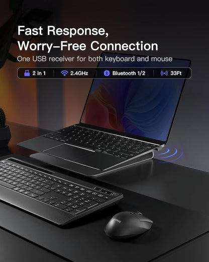 Inateck Wireless Keyboard and Mouse Combo, Full-Size Keyboard with Wrist Rest, Phone Holder, 2.4 GHz Wireless/Bluetooth Silent, Compatible with Computer, Laptop, PC, Mac, Windows