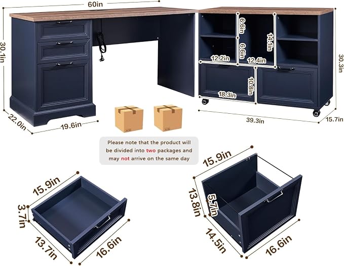 60" Farmhouse Executive Desk and 40" Mobile File Cabinet Combination,L Shaped Executive Desk with Charging Station,Home Office Desk for Office Work,Home Study (Blue)