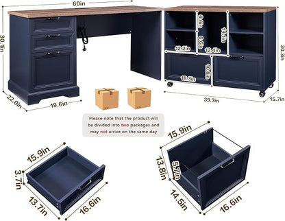 60" Farmhouse Executive Desk and 40" Mobile File Cabinet Combination,L Shaped Executive Desk with Charging Station,Home Office Desk for Office Work,Home Study (Blue)