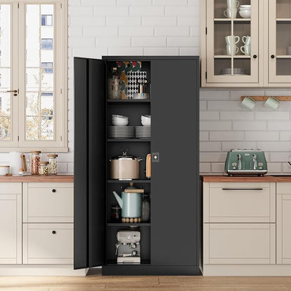 Fesbos Metal Storage Cabinet-72” Black Tall Steel File Cabinets with Lockable Doors and Adjustable Shelves-Black Steel Storage Cabinet for Kitchen, Office, Garage