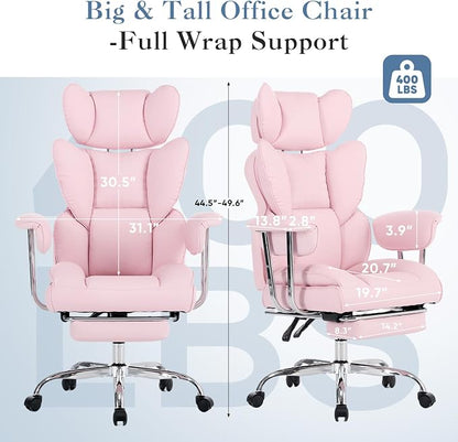 DUMOS Big and Tall Office Chair 400 LBS, Scratch-Resistant PU Leather Executive Office Desk Chair with Footrest, Ergonomic Reclining Computer Chairs with Pocket Spring Support, Pink