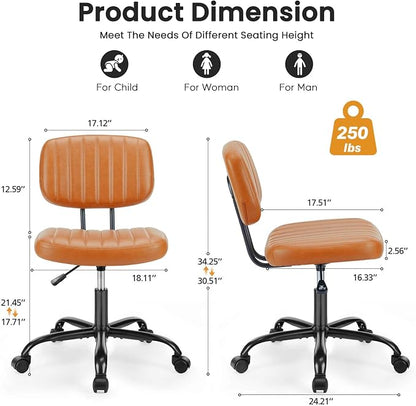 Simple Deluxe Small Office Desk Chair with Wheels, Armless Office Chair Low Back Lumbar Support, PU Leather Computer Task Swivel Vanity Rolling Chair No Arms for Small Space, Home, Brown