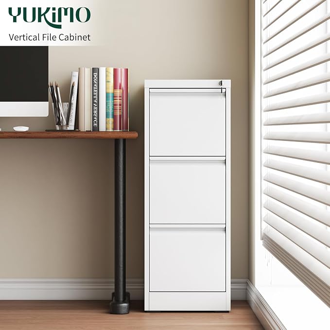 3 Drawer File Cabinet with Lock, Metal Vertical Filing Cabinet, Filing Cabinets for Home Office, Locking File Cabinet Hanging Files for A4/ Legal/Letter, Require Assembly, White