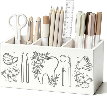Dentist Gifts Pen Pencil Holder for Desk, Dental Hygienist Gifts for Women, Dental Assistant Gift, Dentist Floral Wooden Box Sign Decorations for Office Workplace Desk Tabletop