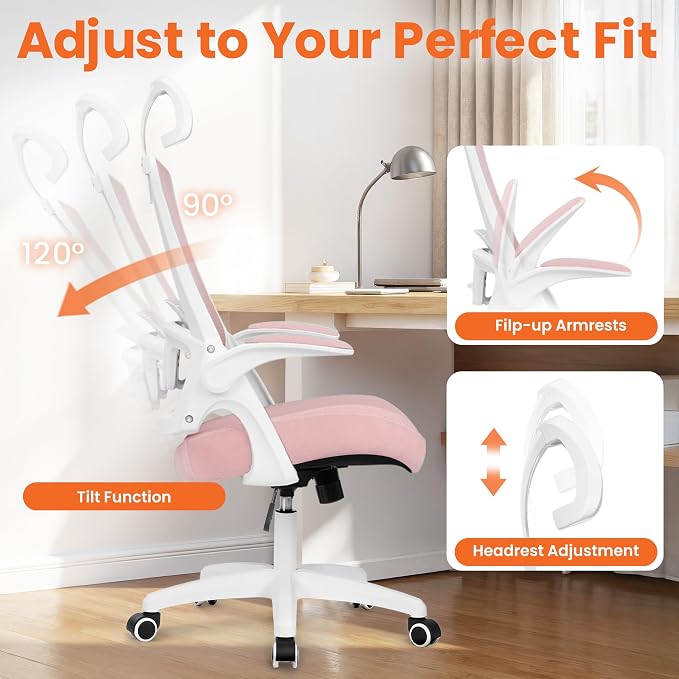 NEO CHAIR Ergonomic Office Desk Chair High Back Computer Gaming Mesh Chair with Comfy Task Adjustable Arms Lumbar Support Headrest Swivel for Home Office (Pink)