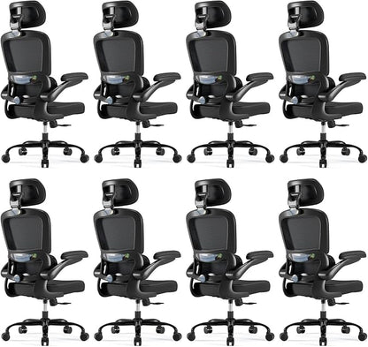 TRALT Ergonomic Office Chair - Desk Chair with Adjustable Headrest Lumbar Support Computer Chair - Mesh Comfy Chair with Flip-up Armrests - Gaming Chair for Adults Home Office PU, Black, Pack of 8