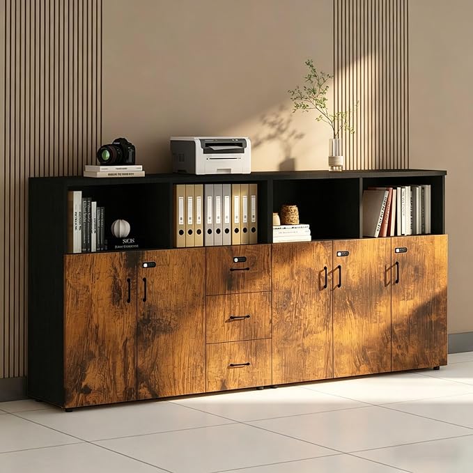 File Cabinet with Password Lock, Wood Lateral Filing Cabinet for Letter/A4 Files, 3 Drawer with Door, Printer Stand with Open Shelves for Home Office