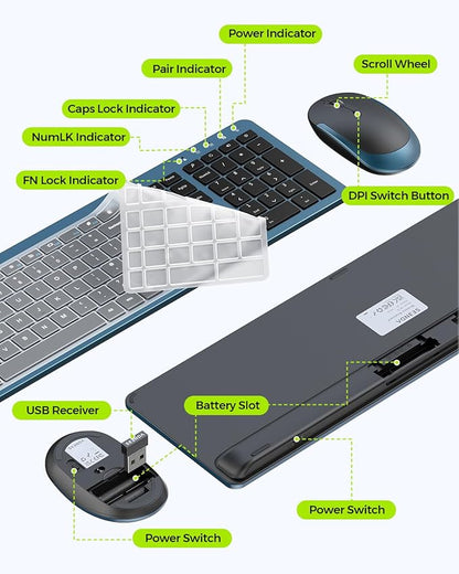 Wireless Keyboard and Mouse Combo - Full Size Slim Thin Wireless Keyboard Mouse with Numeric Keypad 2.4G Stable Connection Adjustable DPI, Black&Blue
