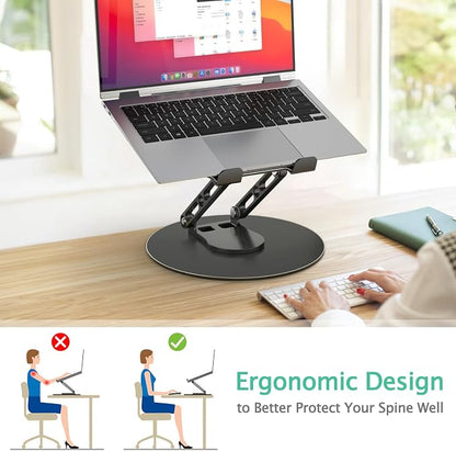 Laptop Stand for Desk Adjustable Computer Stand with 360 Rotating Base Ergonomic Laptop Riser Mount for Desk Foldable Protable Computer Desk Fits with MacBook Pro Air, Round Black