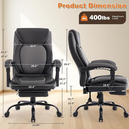 Reclining Ergonomic Office Chair with Footrest, Big Tall Recliner Office Desk Chairs with Lumbar Support, 400lbs Heavy Duty High Back Leather Executive Computer Chair with Wheels, Back Grey