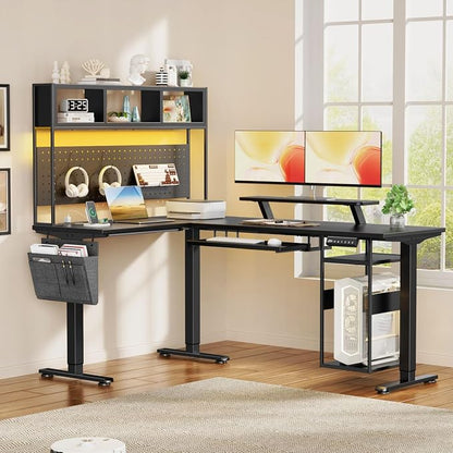 Flycity Electric L Shaped Standing Desk Adjustable Height, 67" x 47" Corner Computer Desk with Host Shelf, Gaming Desk with LED Lights & Power Outlet, Dual Motor Home Office Desk with Storage, Black