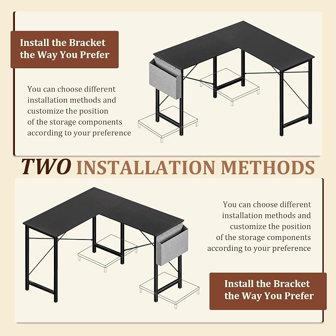 Alpen L Shaped Desk, 50 Inch Computer Desk, Gaming Table Corner Desk for Small Space, Home Office Desk with CPU Stand and Side Storage Bag, Sturdy Writing Workstation for Bedroom, Black