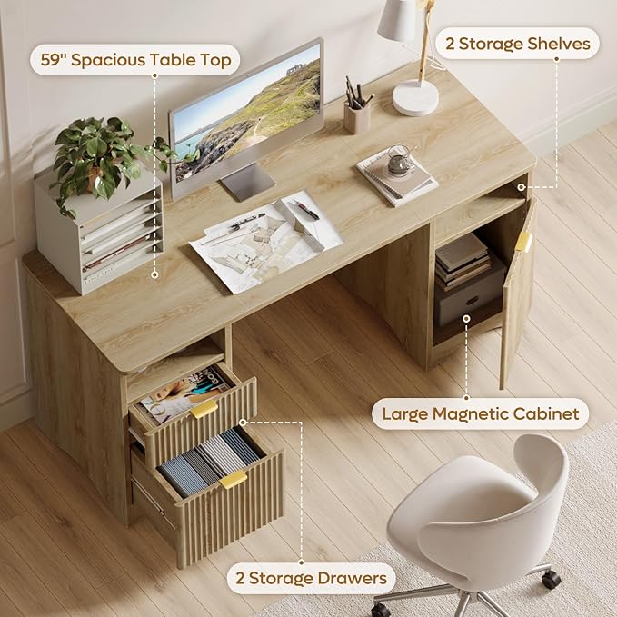 Bestier 59 inch Computer Desk with 2 Drawers, Office Desk with Storage File Cabinet and 2 Open Storage Shelves, Modern Fluted Executive Desk for Home Office Bedroom, Natural Oak